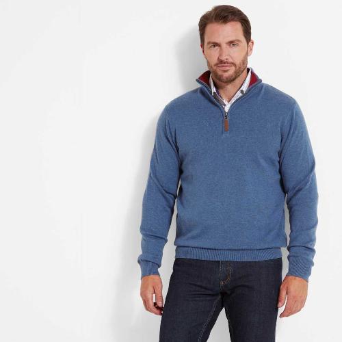 Men's Cotton Cashmere (Plain) 1/4 Zip Jumper (Stone Blue)