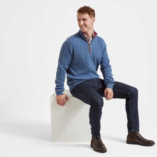 Men's Cotton Cashmere (Cable) ¼ Zip Jumper (Stone Blue)