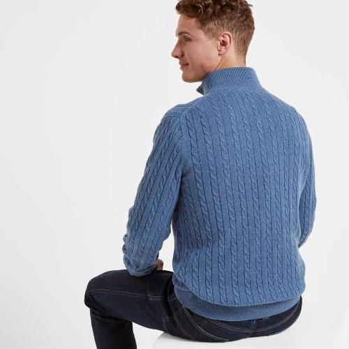 Men's Cotton Cashmere (Cable) ¼ Zip Jumper (Stone Blue)