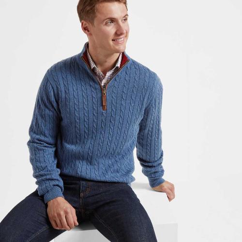 Men's Cotton Cashmere (Cable) ¼ Zip Jumper (Stone Blue)