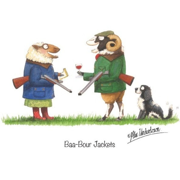 A cartoon illustration of two sheep wearing jackets and engaging in a conversation, with one sheep presenting a beverage to the other. A small dog is also present in the illustration, sitting on the grass.