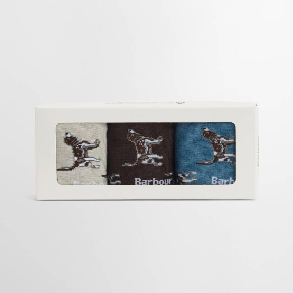 Three pairs of socks in a box with Barbour branding