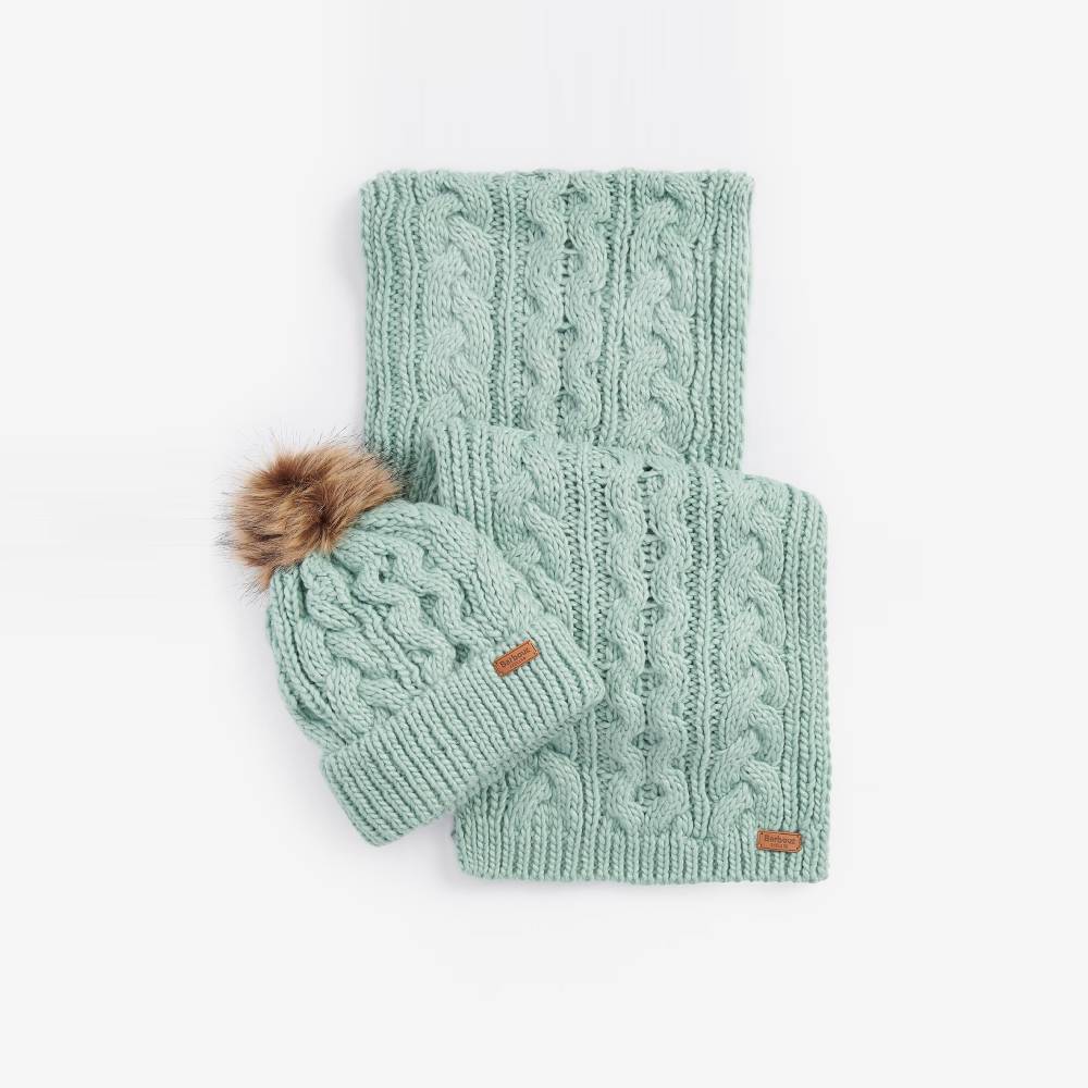 Mint green knit hat and scarf set with pom-pom
