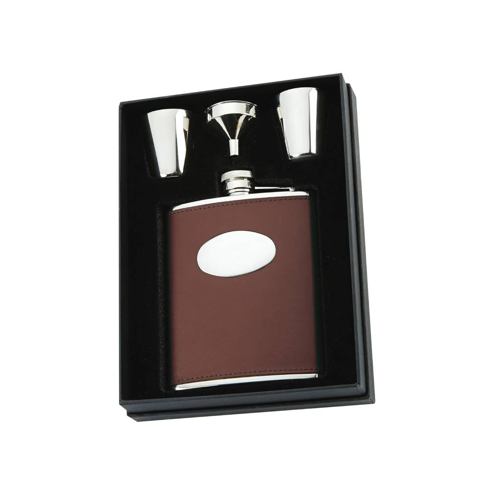 Brown Leather Flask Set with Cups and Funnel