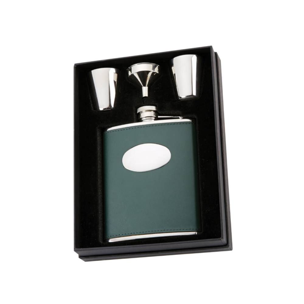 6oz Flask Set with Green Leather Cover in Gift Box