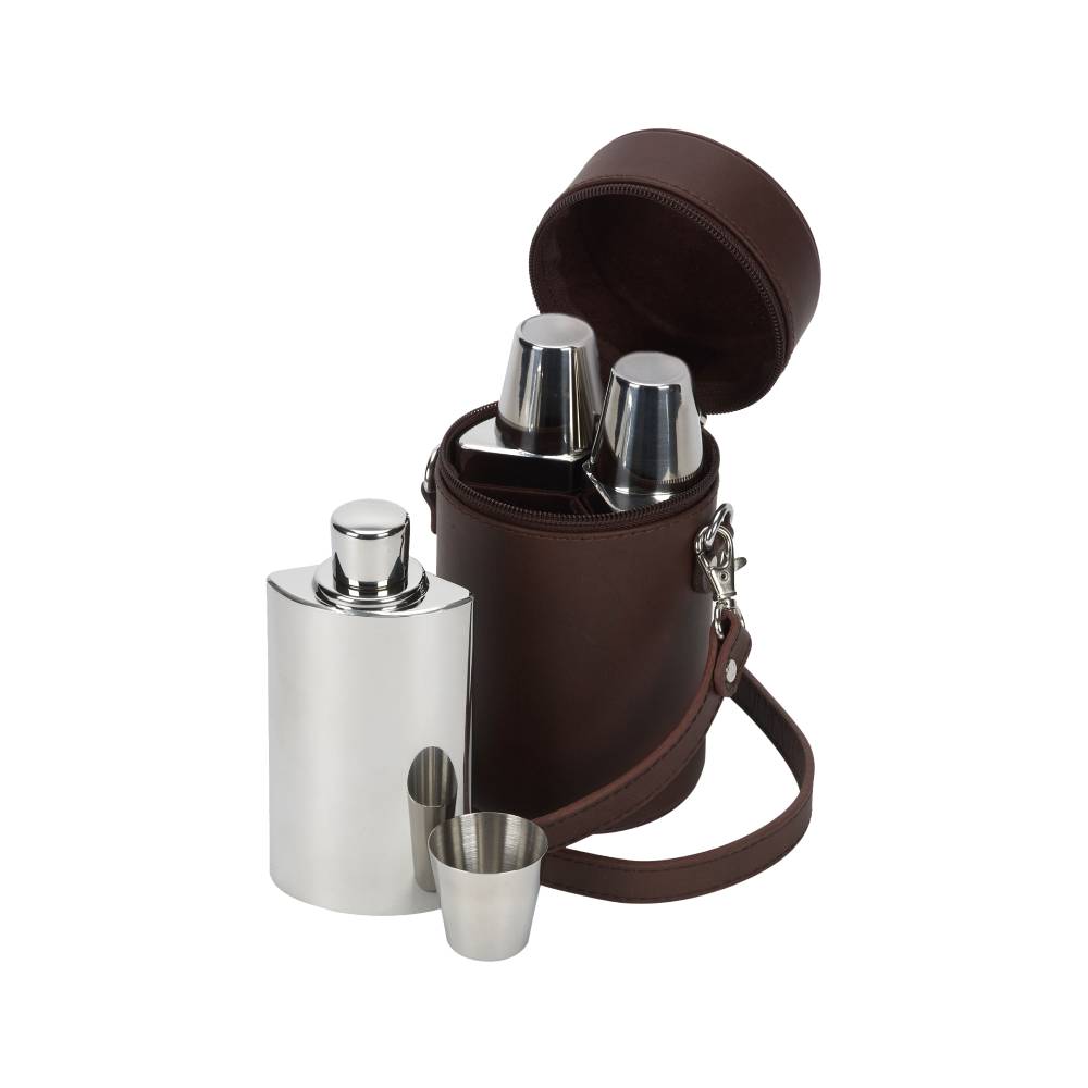 Luxury Flask Set with Brown Leather Case