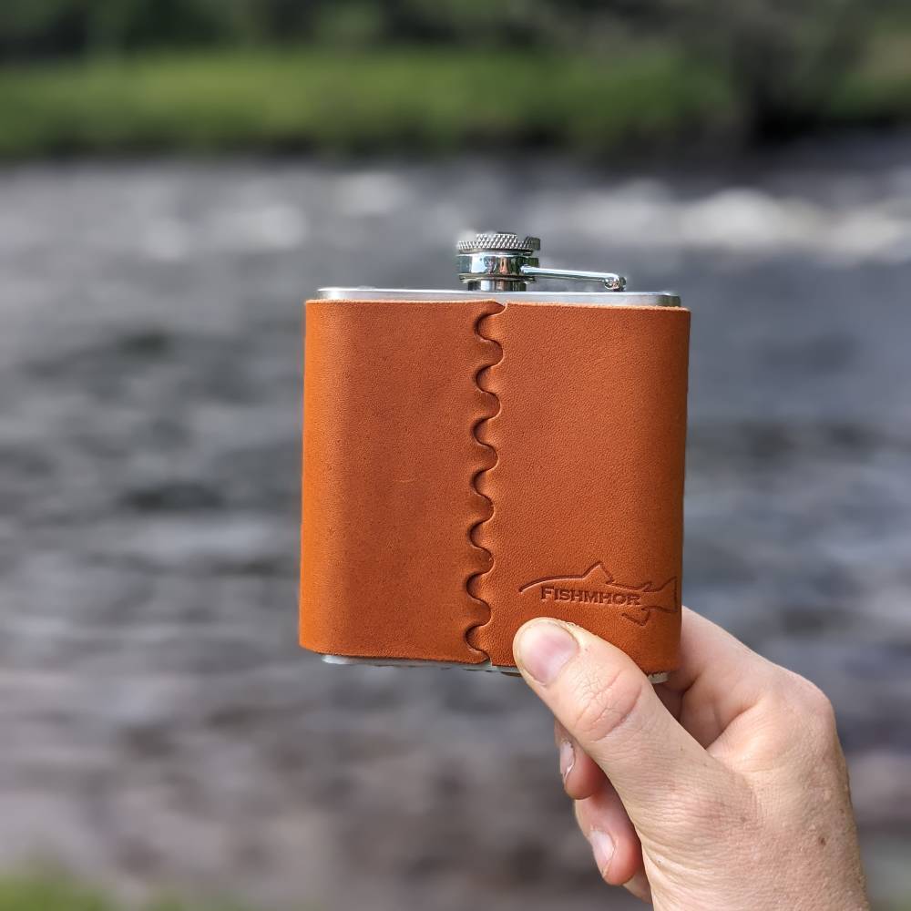 FishMhor Hip Flask with Tan Leather Cover