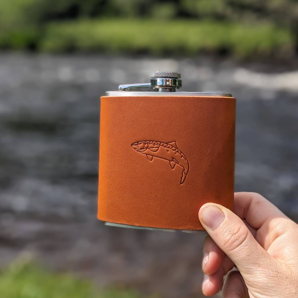 Stainless Steel Hip Flask with Hand Stamped Leather Outer