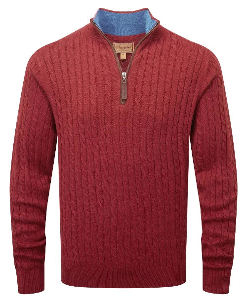 Men's Cotton Cashmere Cable ¼ Zip Jumper (Chilli)