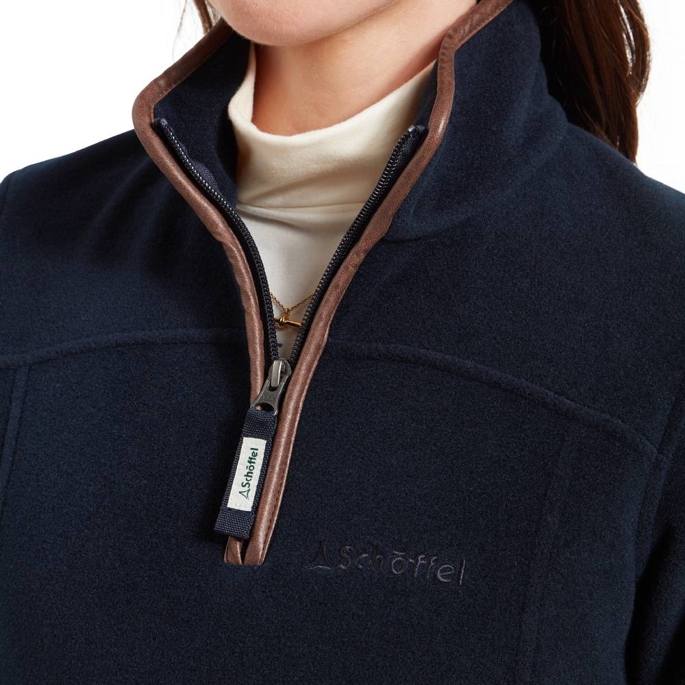 Navy Schoffel Fleece with Faux Leather Trim