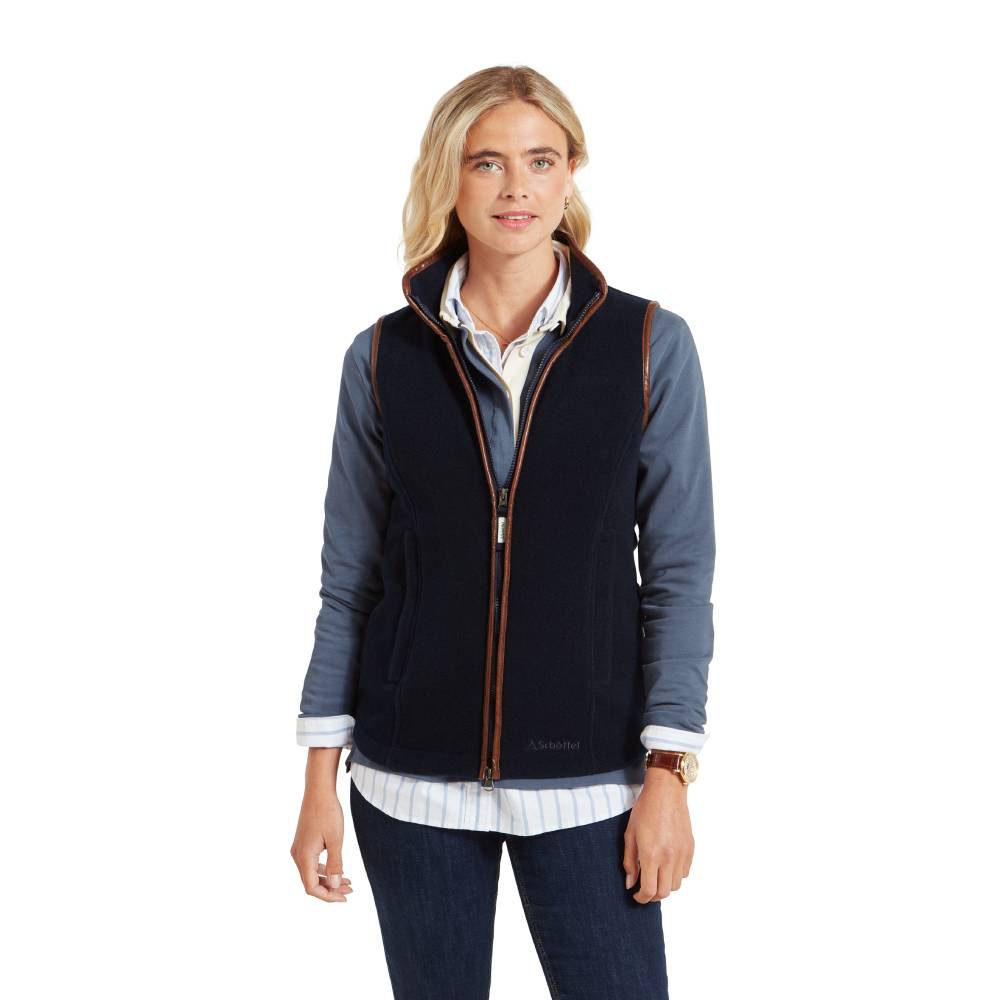Ladies Gilet in Navy with Brown Faux Leather Trim