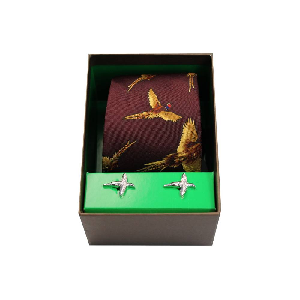 Soprano Flying Pheasants Silk Tie & Cufflink Set (Wine)