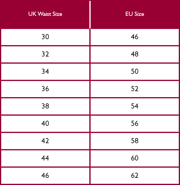 Table converting UK waist sizes to EU sizes on a red background