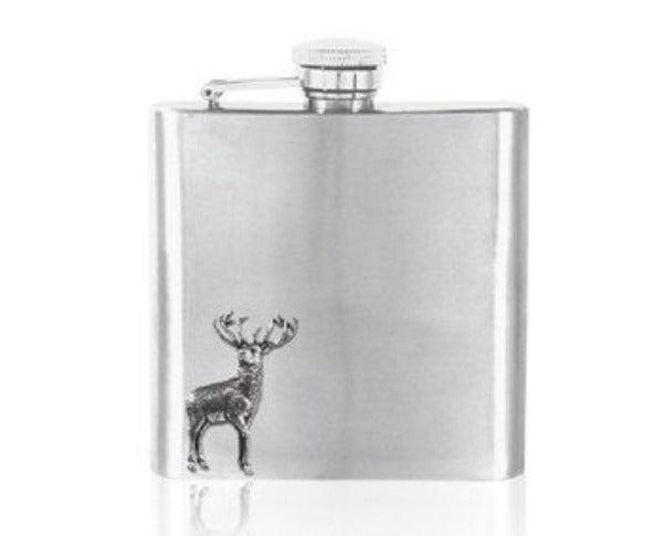 English Pewter 6oz Stainless Steel Stag Hip Flask