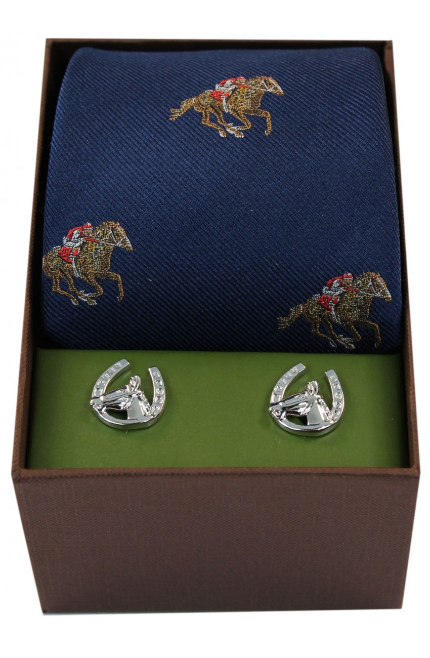Navy Horse Racing Silk Tie & Cufflinks