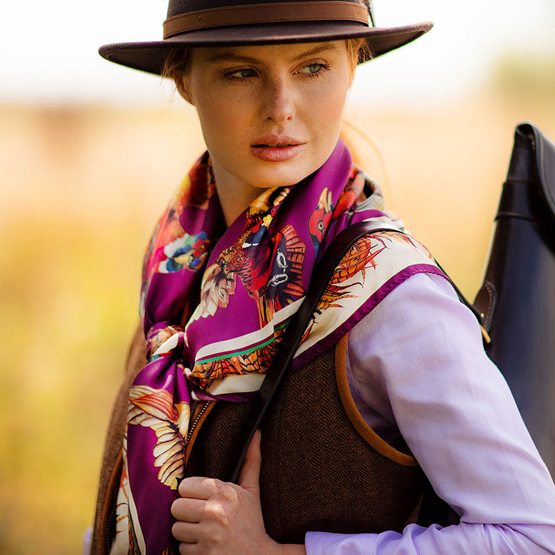 Clare Haggas Large Square Silk Scarf 'Turf War' (Mulberry)
