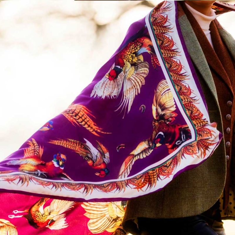 Clare Haggas Large Square Silk Scarf 'Turf War' (Mulberry)
