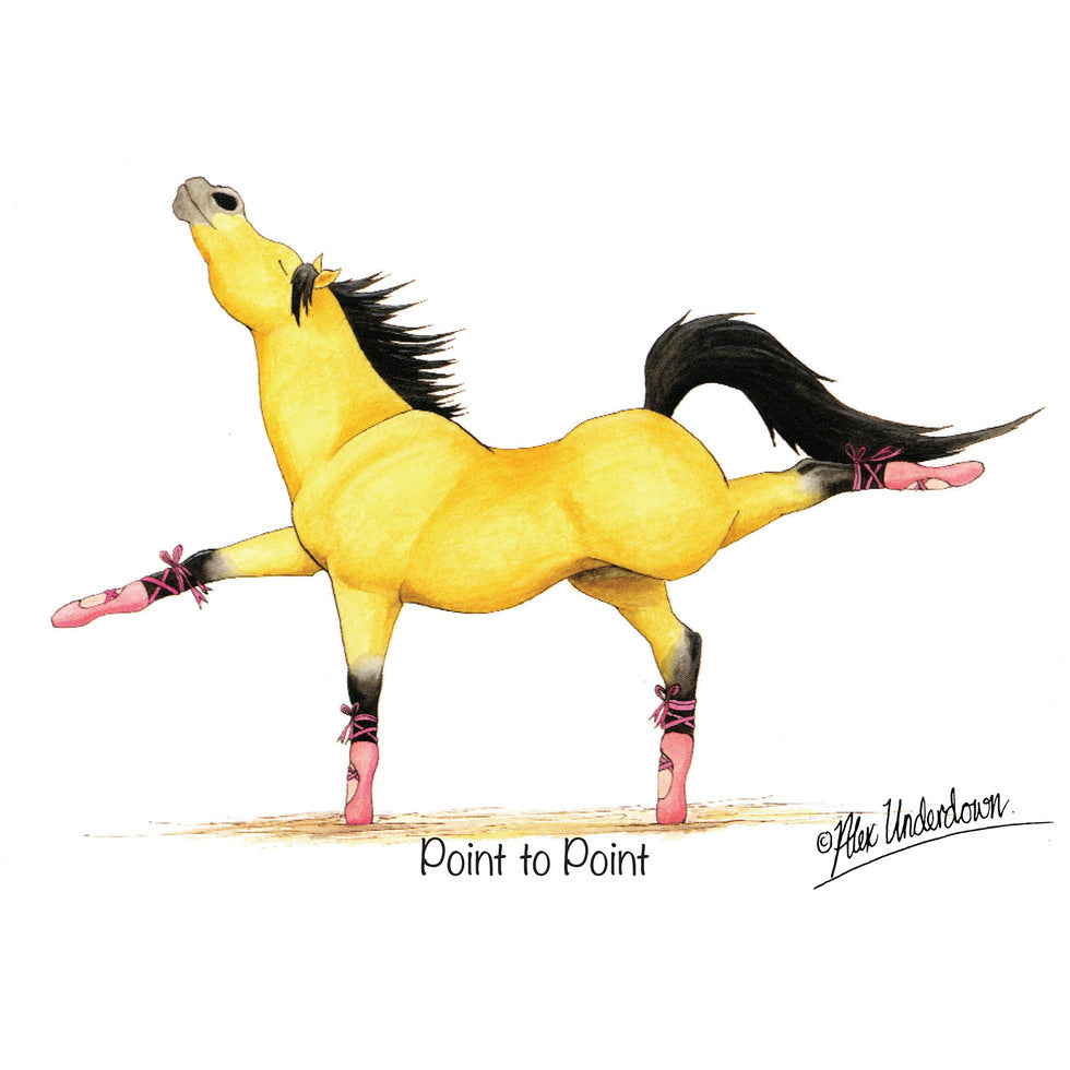 Illustration of a yellow horse with black mane and tail, wearing pink ballet shoes on a white background.