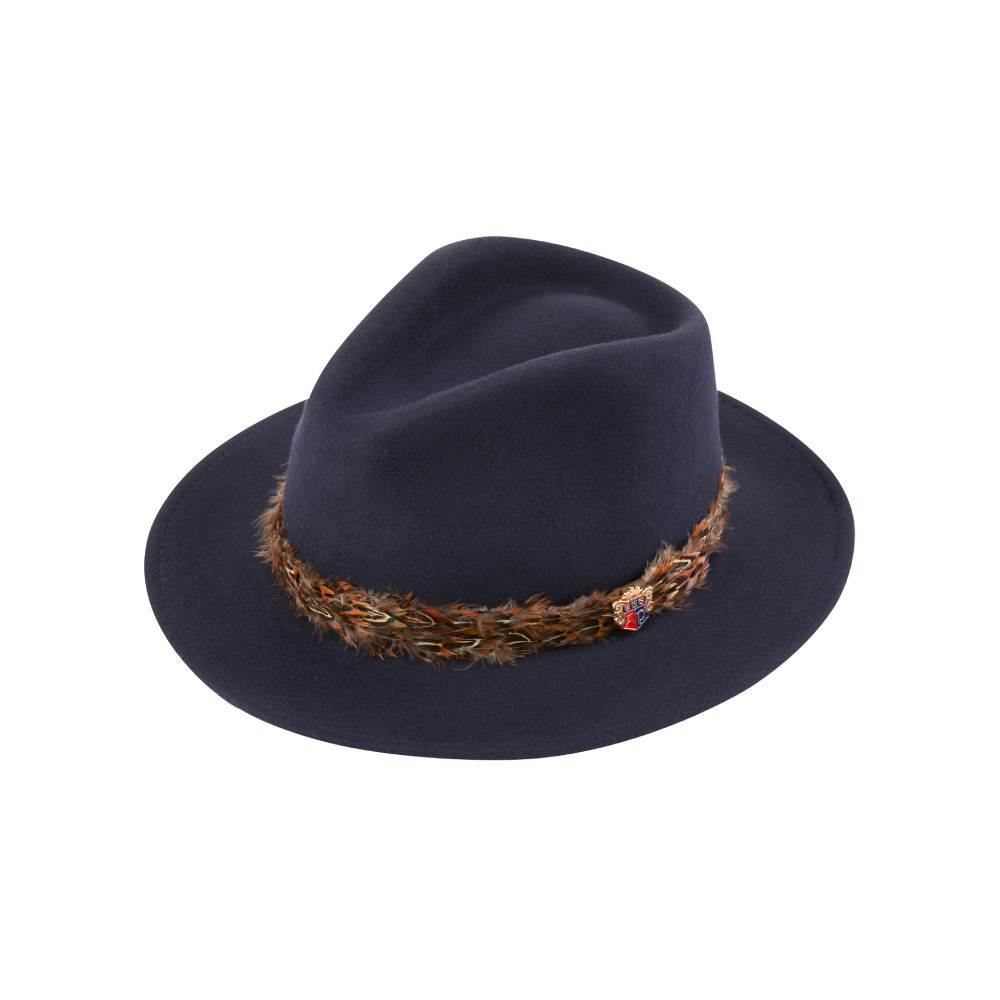 Navy Blue Hat with Pheasant Feather Band