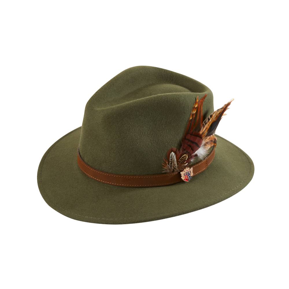 Green Fedora Hat with Leather Band and Feather