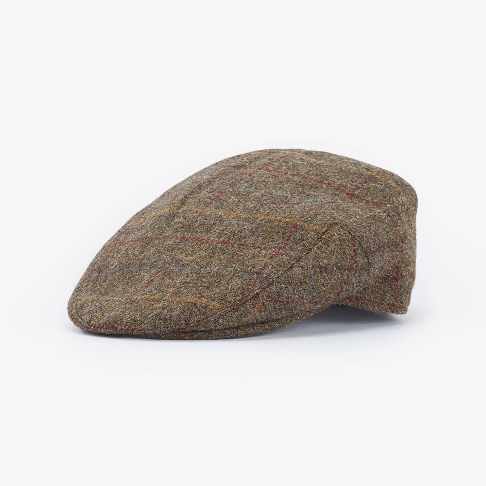 Men's Tweed Flat Cap in Olive with Red and Blue Check
