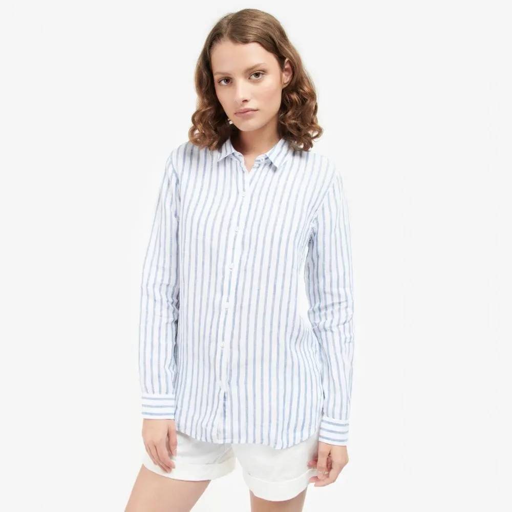 Barbour Linen Shirt in White and Blue Stripe