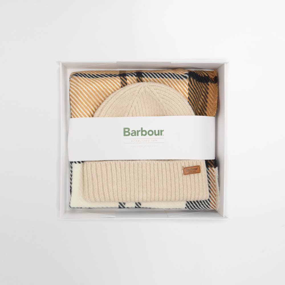 Beige knit hat and plaid scarf set with Barbour branding in a box
