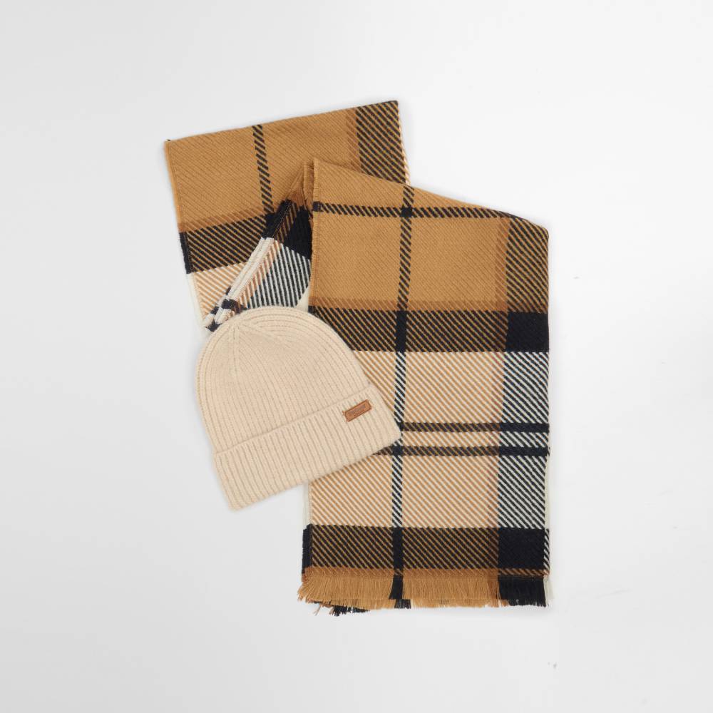 Plaid scarf and beige beanie Ladies Gift Set