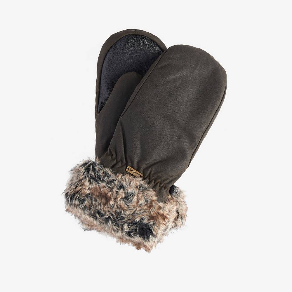 Barbour Wax Mittens with Fur Trim (Olive)
