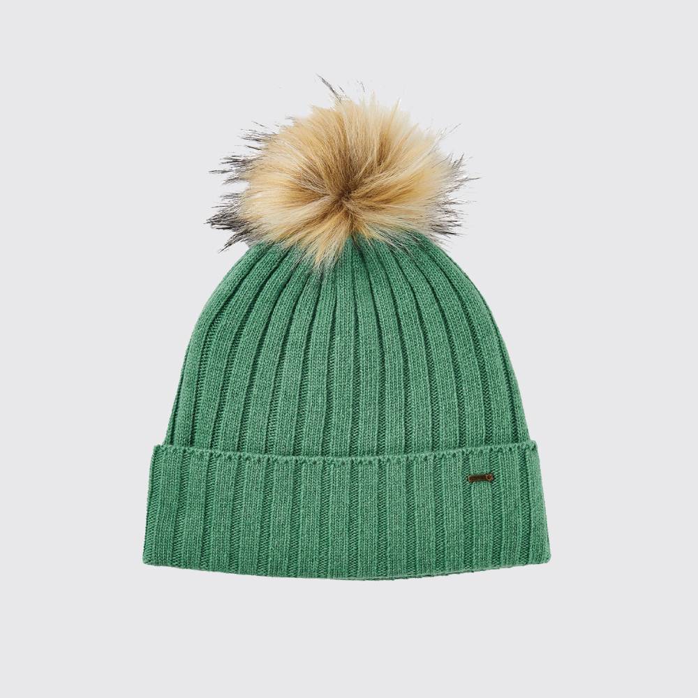 Green Knitted Beanie with Faux Fur Bobble