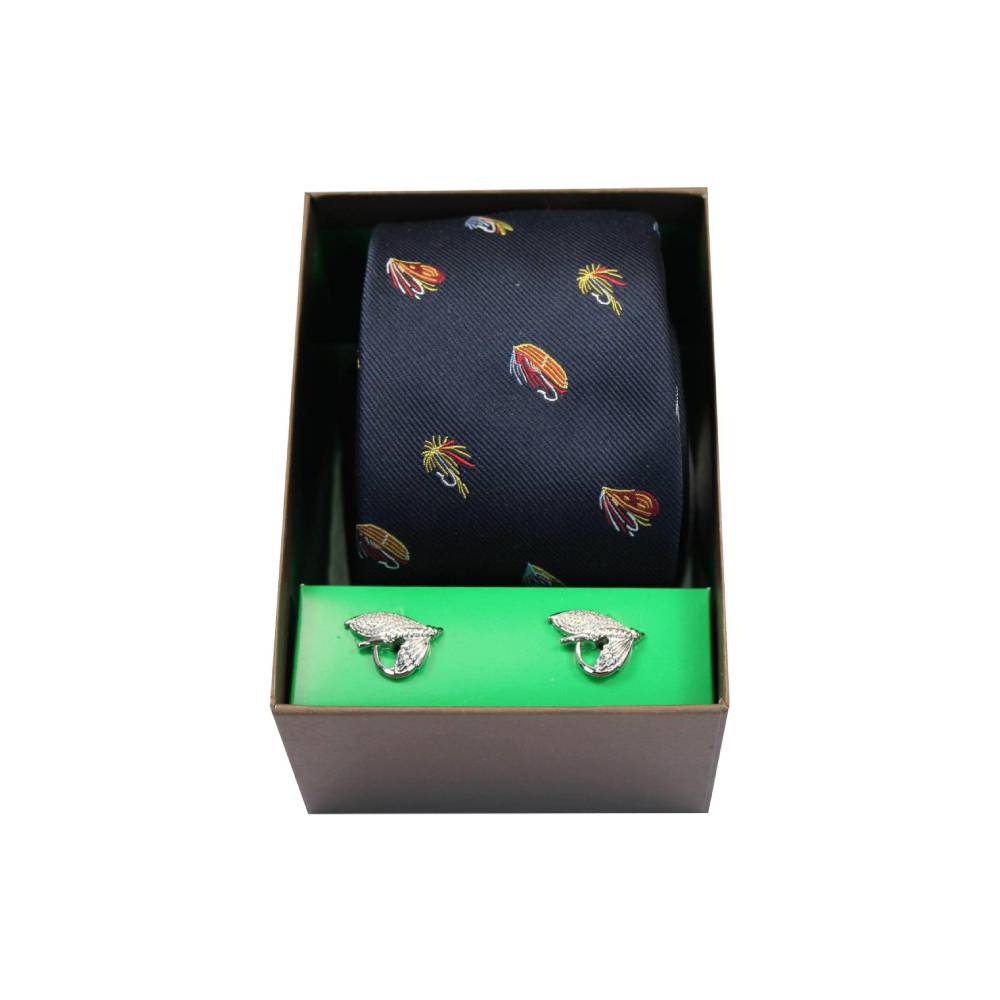Navy Fishing Flies Tie & Cufflink Set