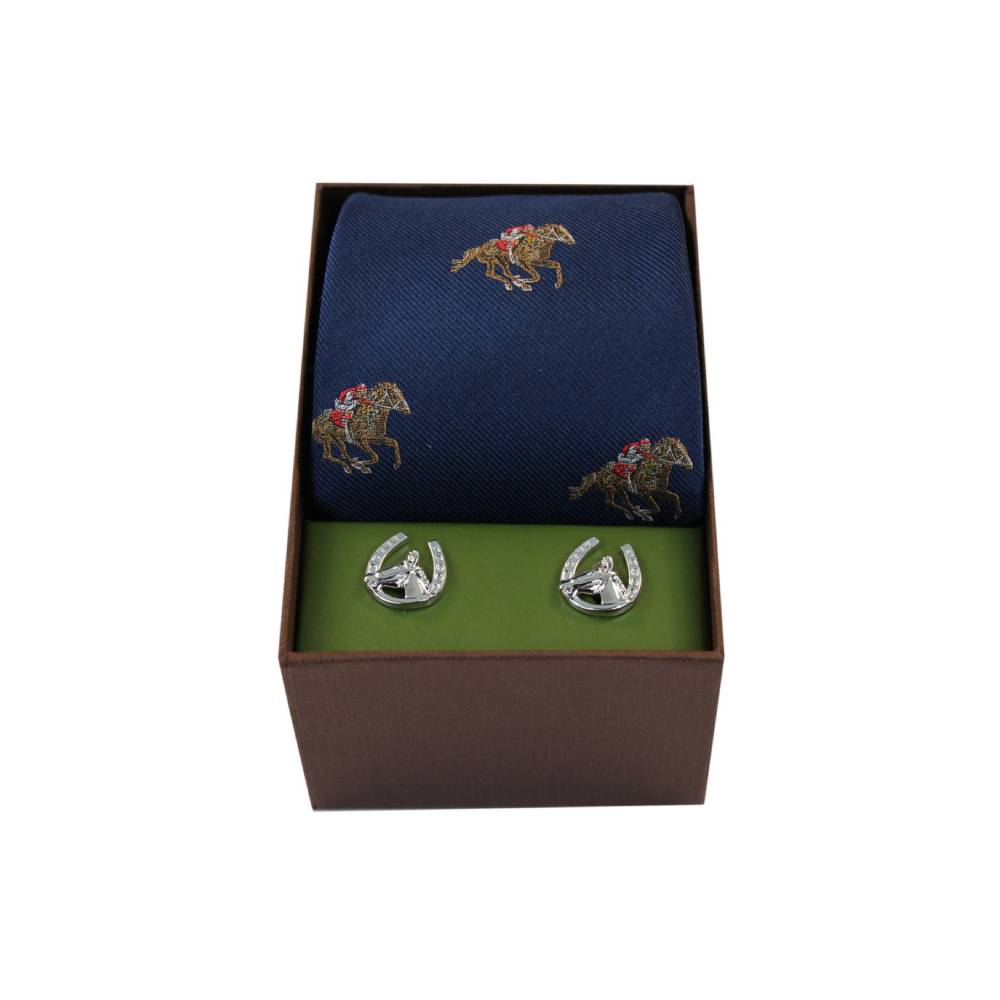 Navy Horse Racing Silk Tie & Cufflinks