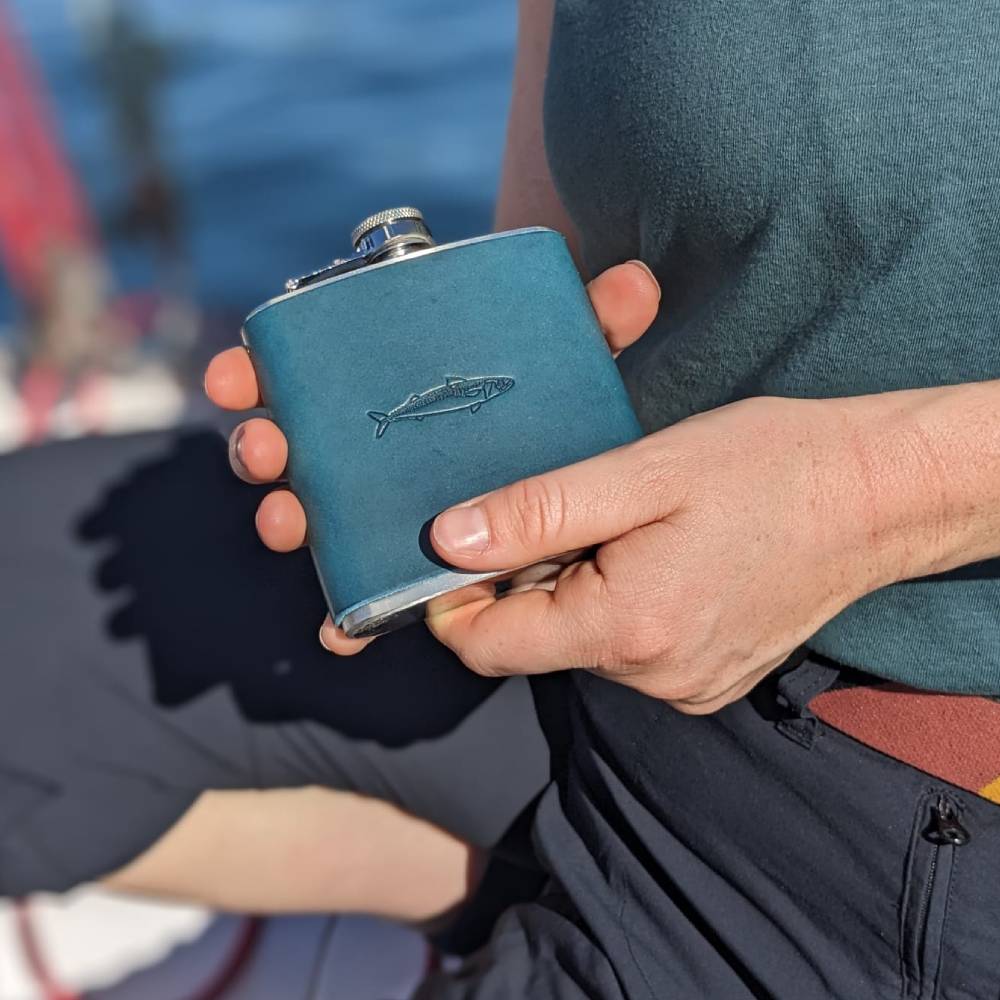 Hand Stamped Blue Leather Hip Flask