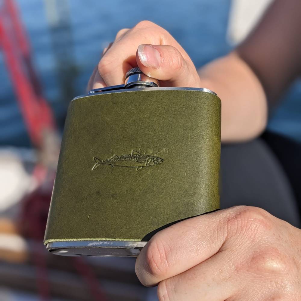 Stainless Steel Flask with Green Leather Cover