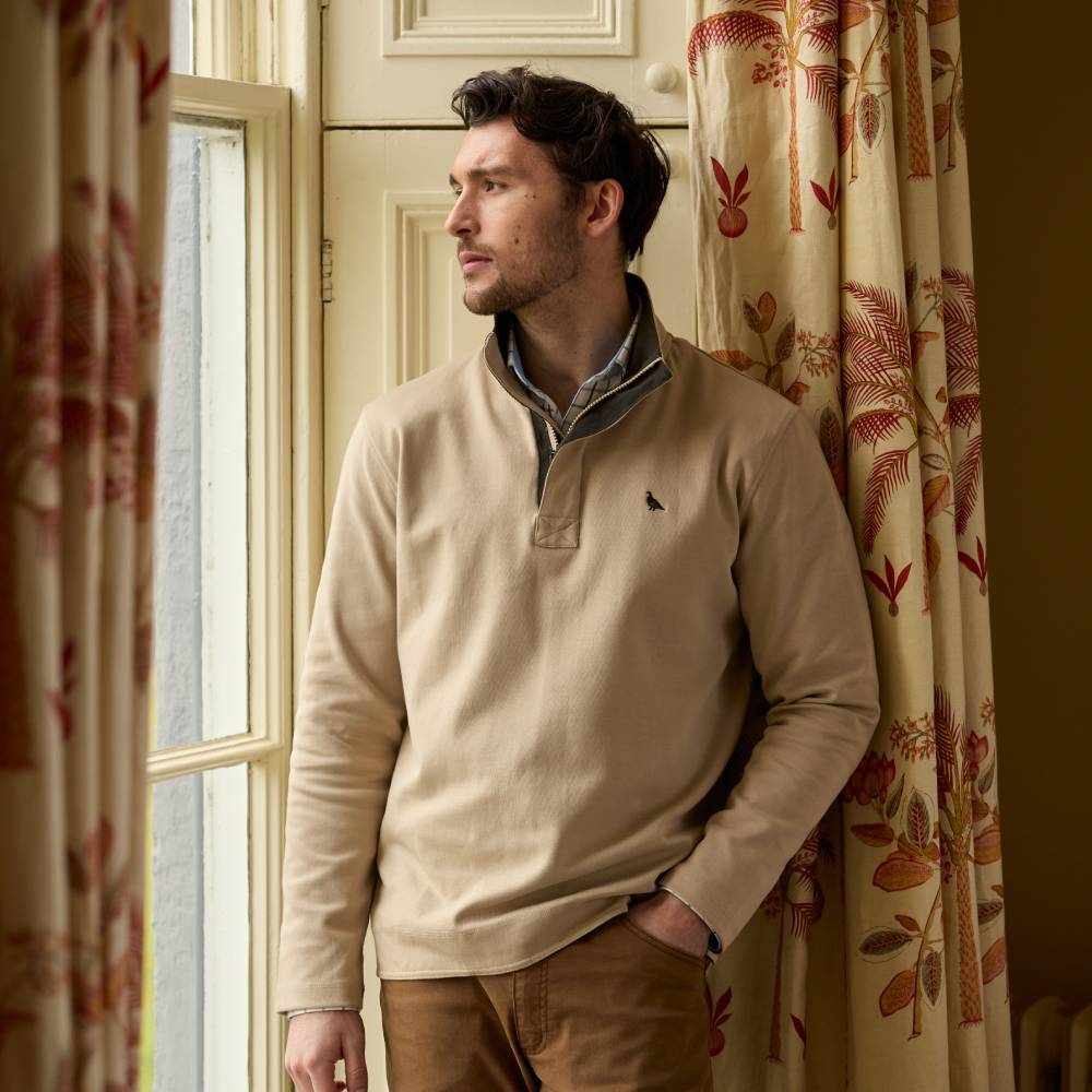 Men's Beige Sweater with Zip Collar