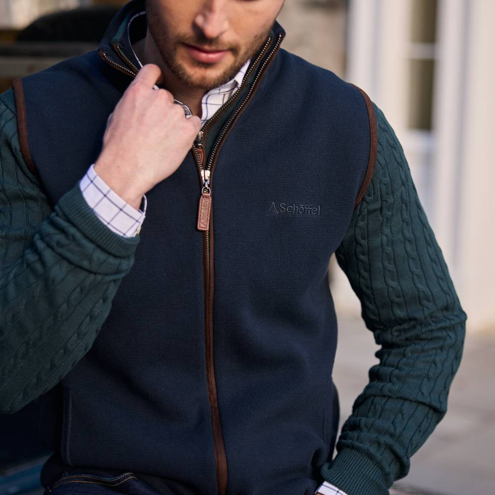 Knitted Cotton Gilet in Navy Blue with Brown Edging