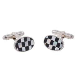 John Start Silver Oval Lapis and Mother Of Pearl Check Cufflinks