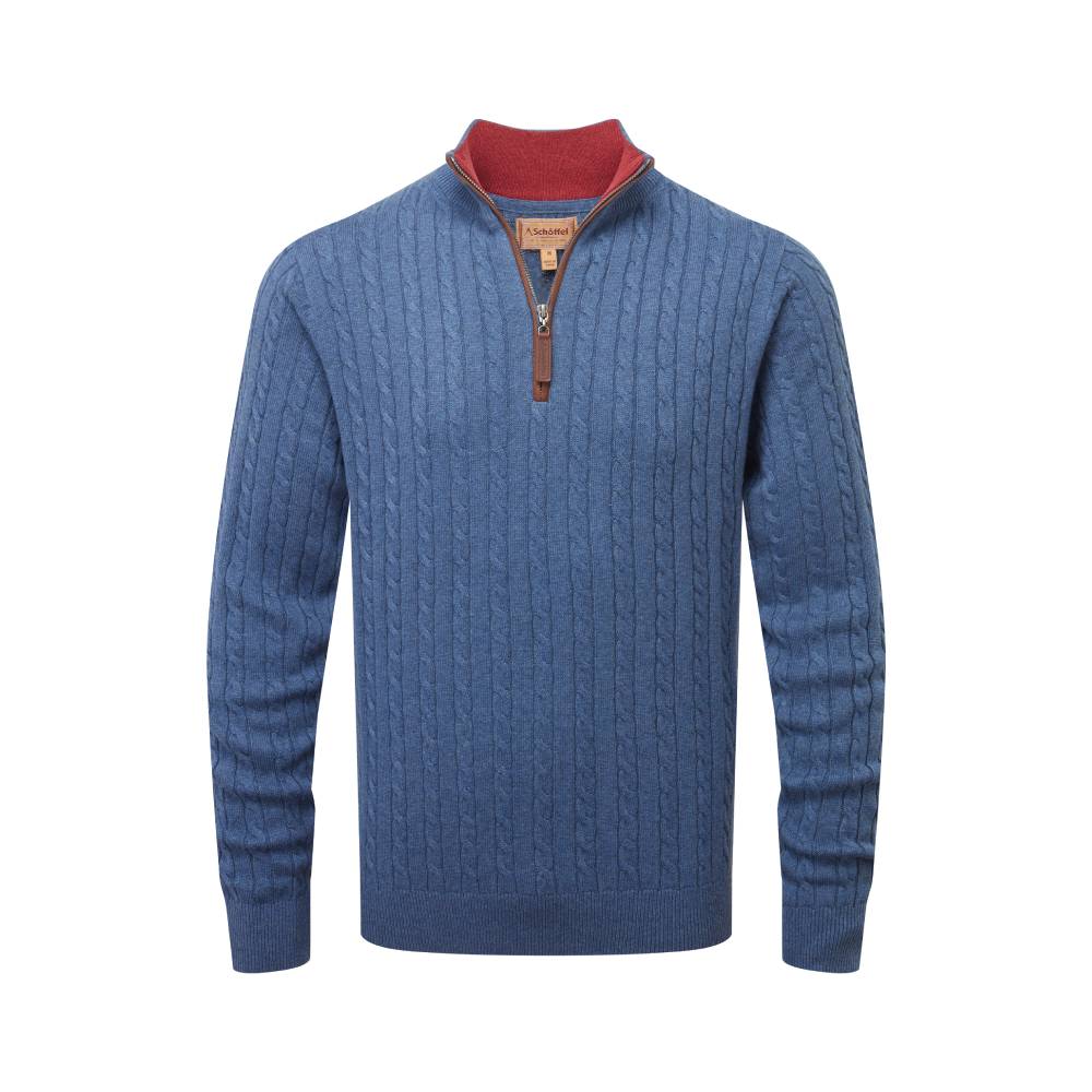 Men's Cotton Cashmere (Cable) ¼ Zip Jumper (Stone Blue)