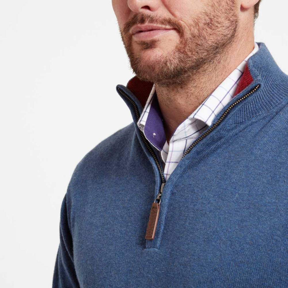 Men's Cotton Cashmere (Plain) 1/4 Zip Jumper (Stone Blue)