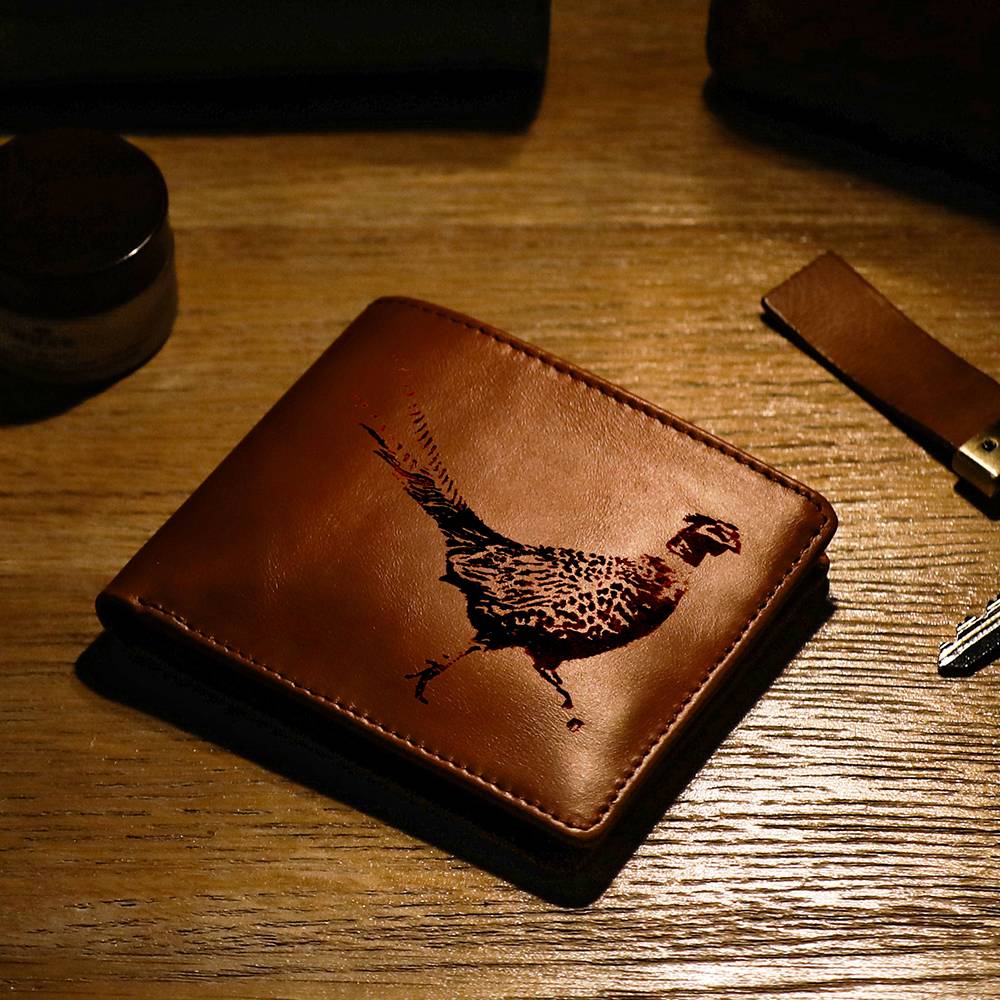 Men's Leather Wallet with Engraved Pheasant Design