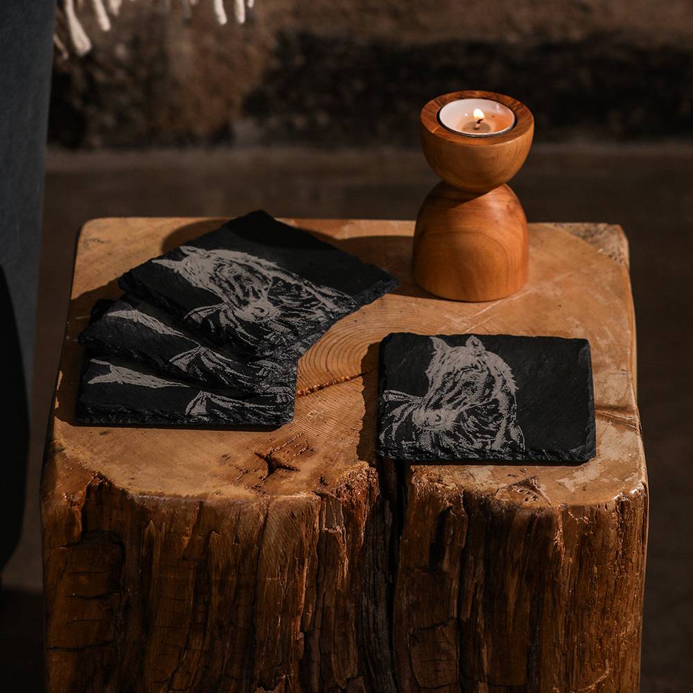 Black Slate Coasters with Engraved Horse Design