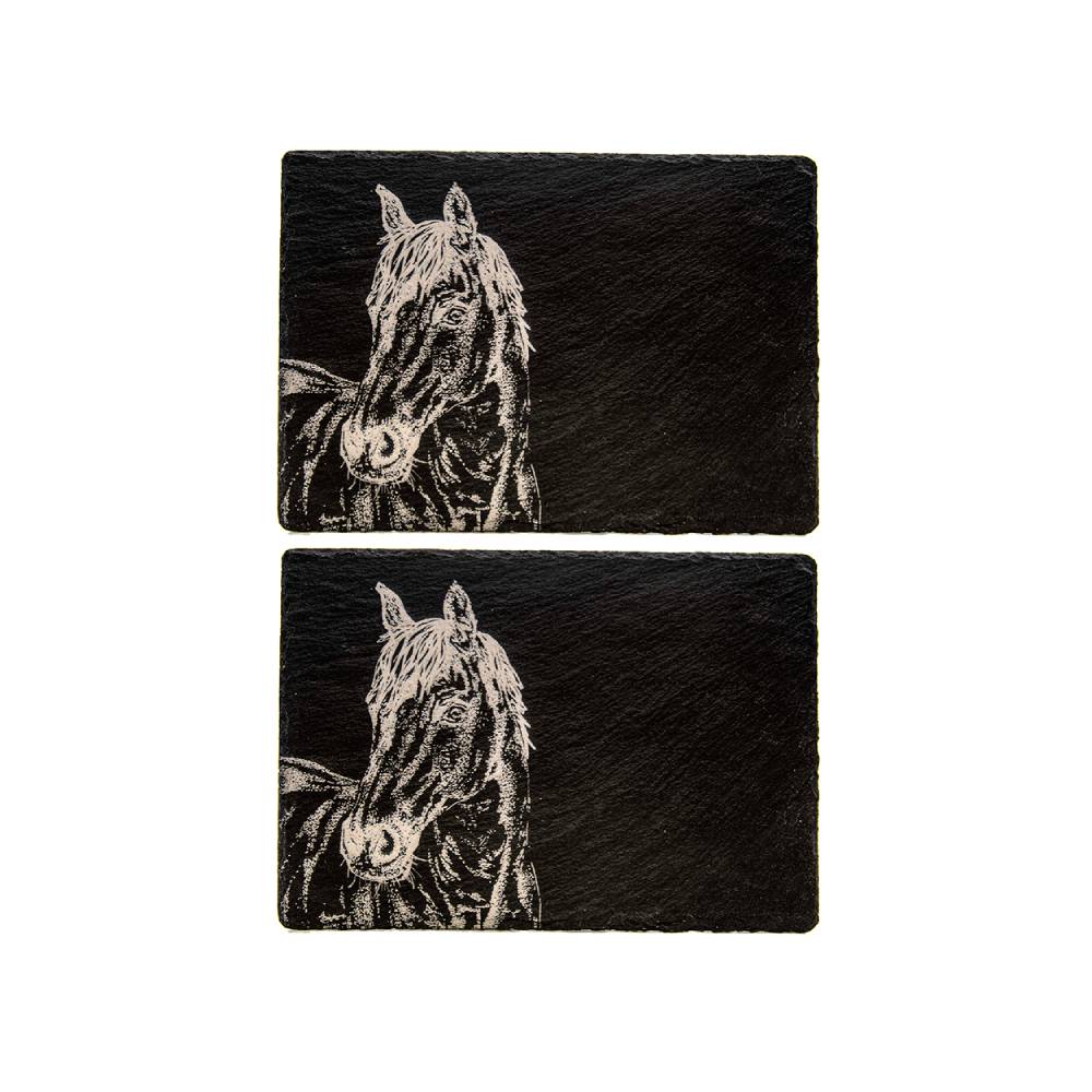 Slate Table Mats with Engraved Horse Portrait