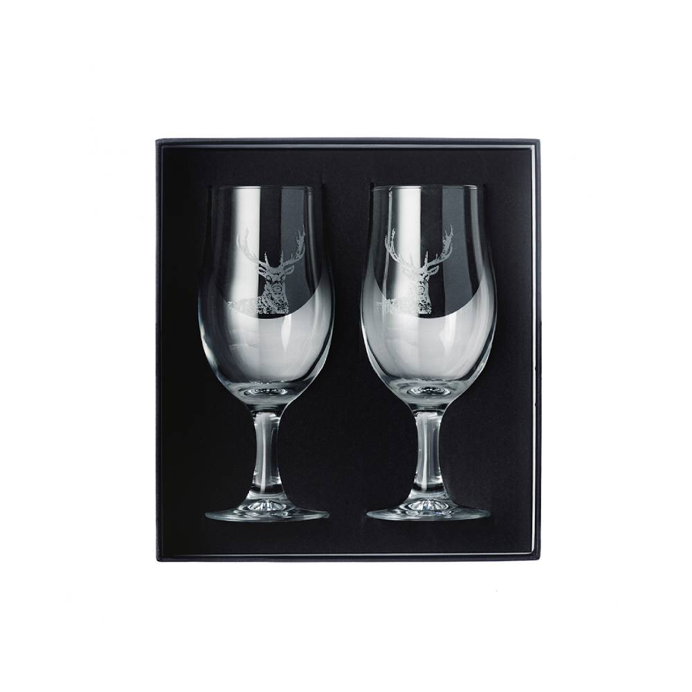 Set of 2 Beer Glasses with Engraved Stag Motif