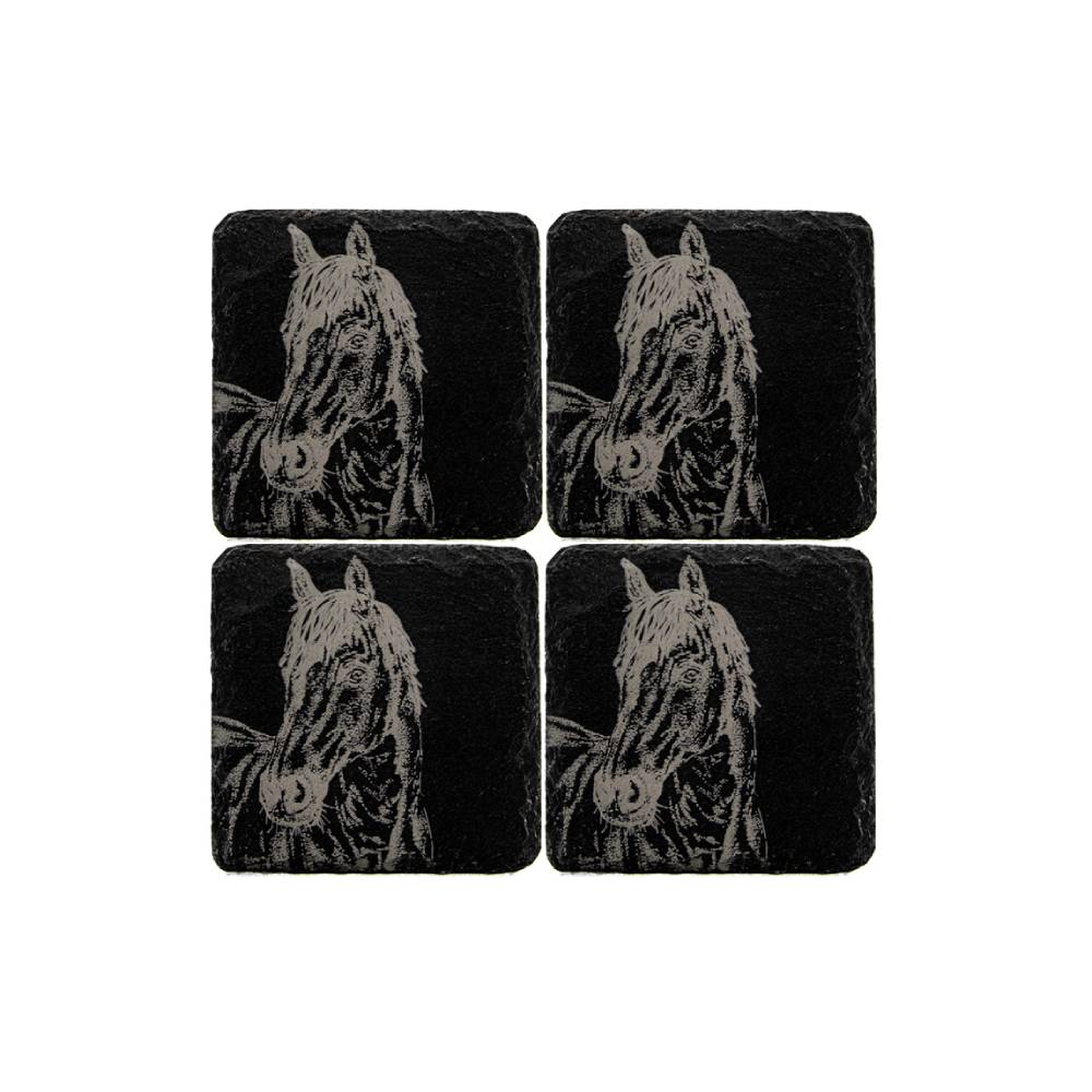 Four Black Coasters with Horse Illustrations
