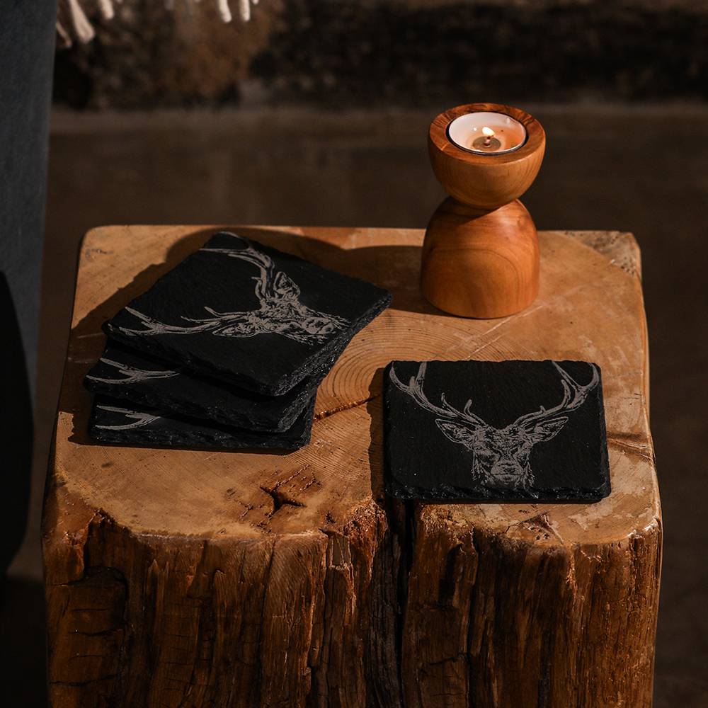 Set of Coasters with Engraved Stag Design