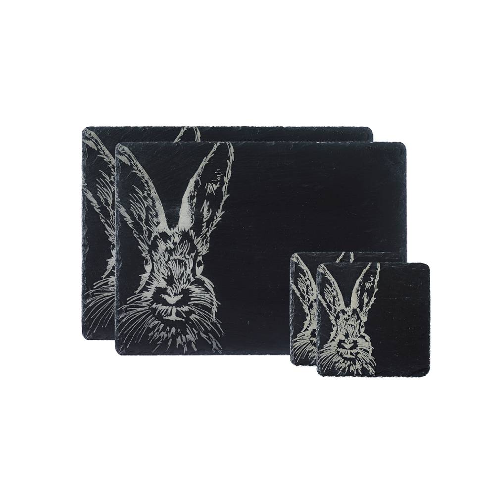 Black Slate Coasters and Placemats with Hare Engraving
