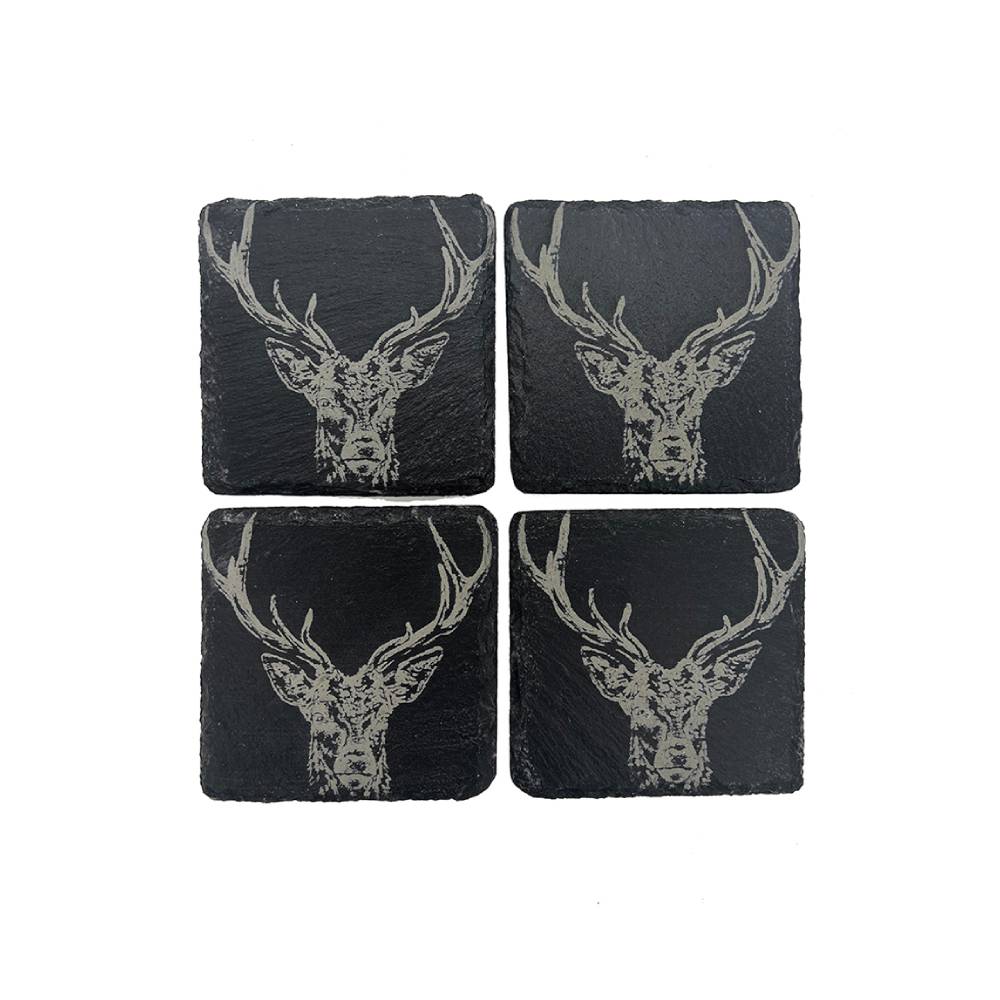 Four Black Slate Coasters with Deer Head Designs
