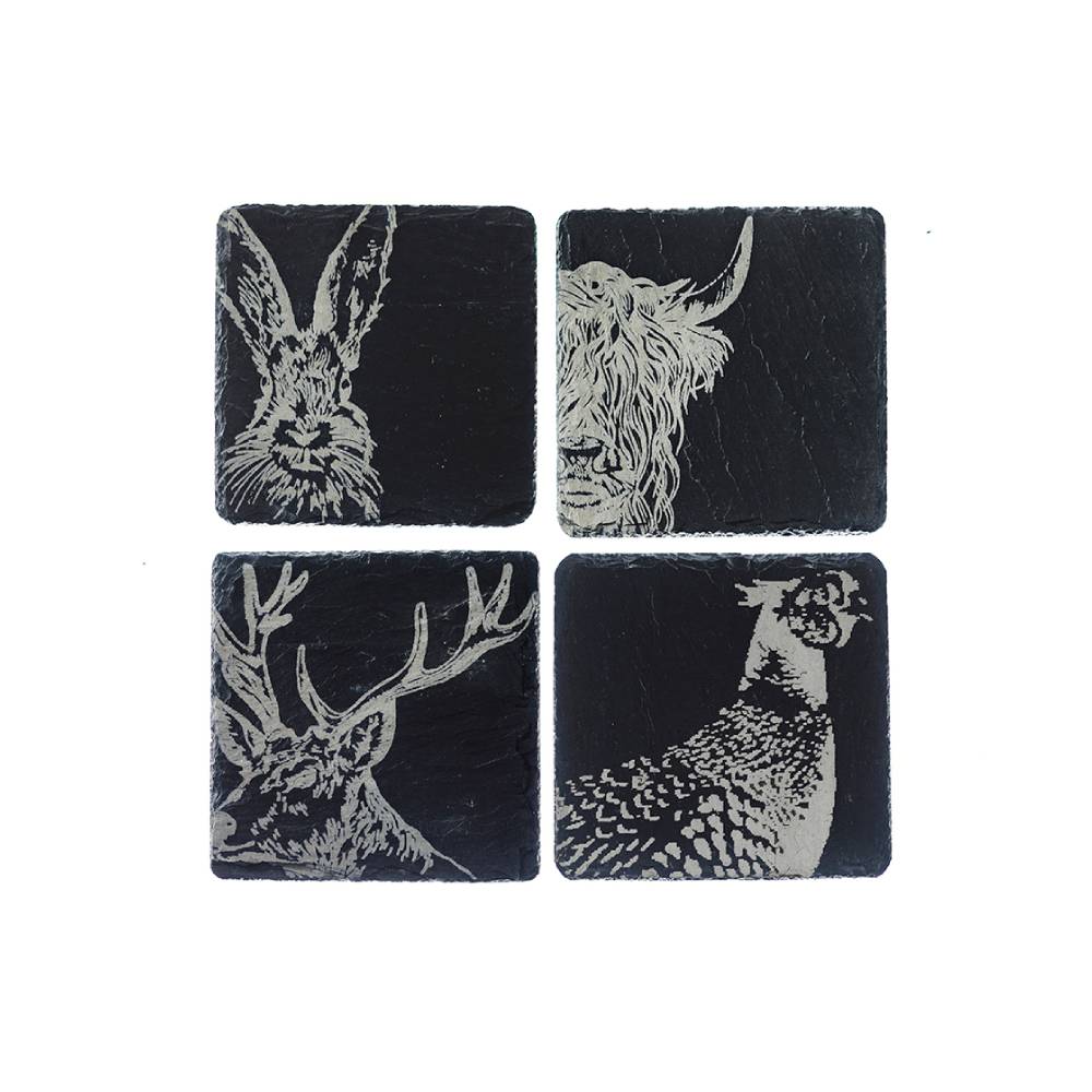 Pack of 4 Slate Beverage Coasters with Animal Engravings