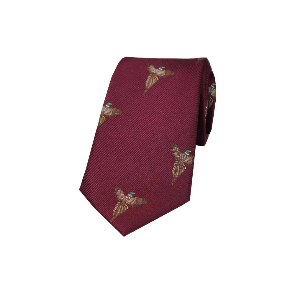 Soprano Flying Pheasants on Wine Ground Country Silk Tie (Wine)