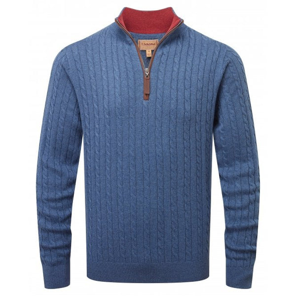 Men's Cotton Cashmere (Cable) ¼ Zip Jumper (Stone Blue)